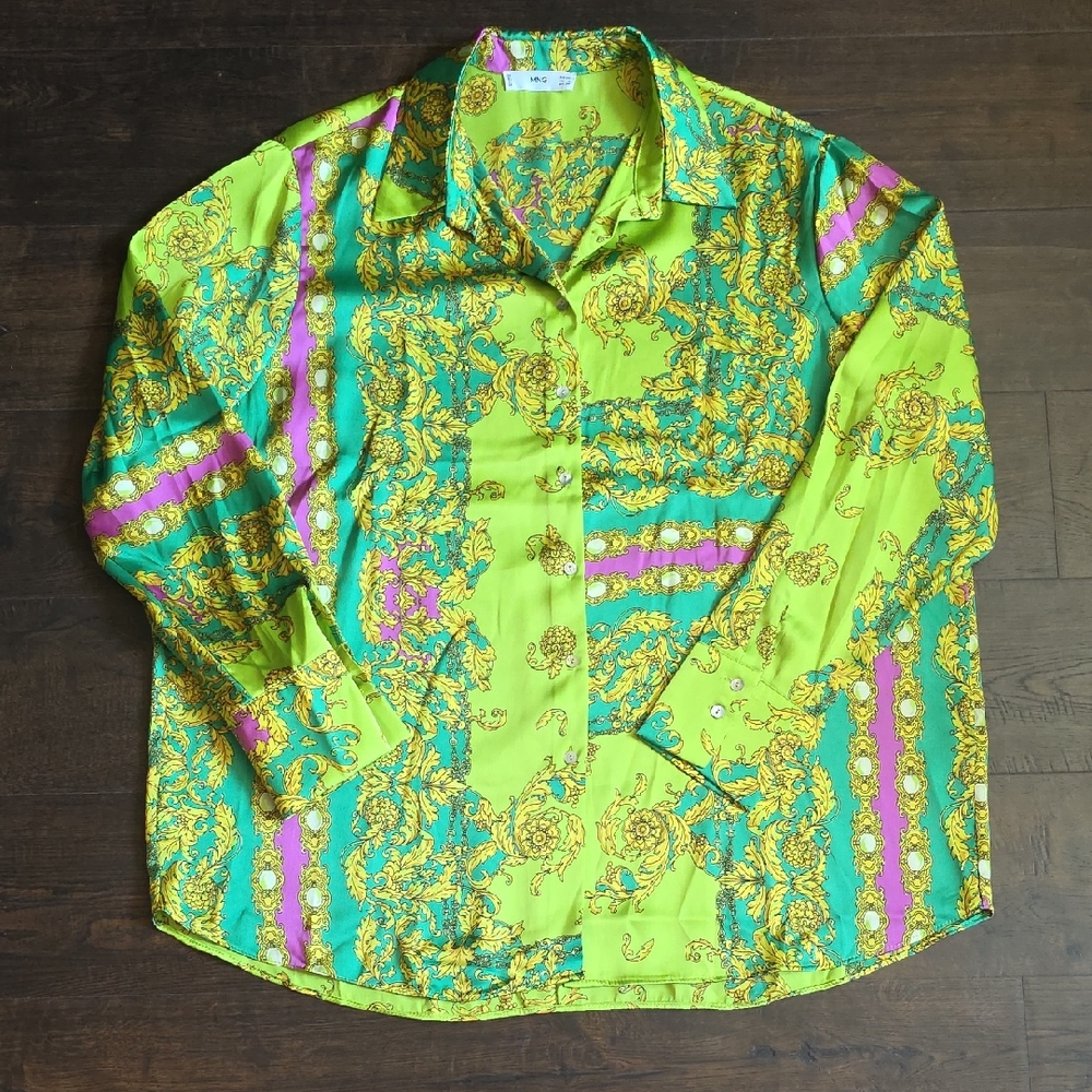 Mango Bright Lime Baroque Print Button-Up Shirt